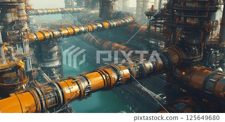 Futuristic Industrial Complex with Orange Pipes and Teal Water fog dark smog plant metal urban rusty 125649680