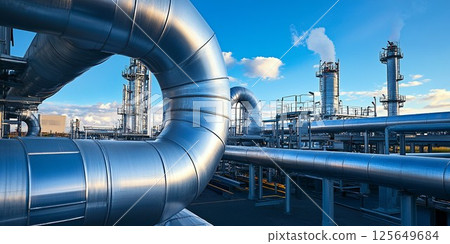 Industrial Refinery Pipes and Towers Under a Blue Sky oil gas metal steel plant tubes energy system Industrial Refinery Pipes and Towers Under a Blue Sky oil gas metal steel plant tubes energy system 125649684