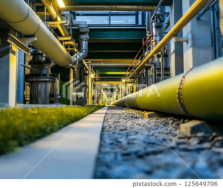 Industrial Pipeline System: Modern Factory Interior with Yellow Pipes and Green Landscaping plant Industrial Pipeline System: Modern Factory Interior with Yellow Pipes and Green Landscaping plant 125649706
