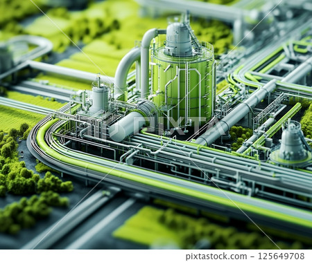 Modern Green Industrial Plant with Complex Piping System and Lush Surroundings eco gray pipes tubes Modern Green Industrial Plant with Complex Piping System and Lush Surroundings eco gray pipes tubes 125649708