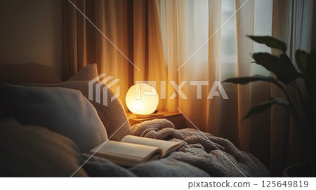 Cozy Bedside Scene with Warm Lighting, Open Book, and Soft Knit Blanket home calm grey night quiet 125649819