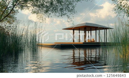 Serene Lakeside Pavilion: Tranquil Zen Garden Design, Calm Water Reflection, Peaceful Sunset sky 125649843