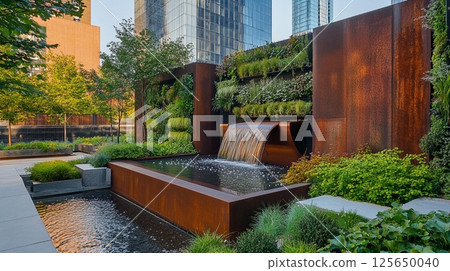 Modern Urban Oasis: Serene Corten Steel Waterfall Garden Design zen calm pond lush rust space brown 125650040