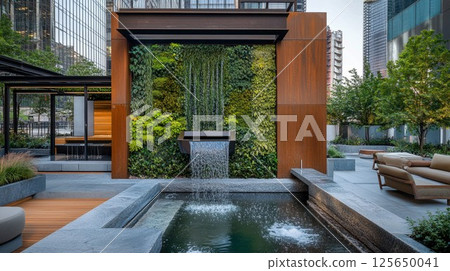 Modern Urban Oasis: Serene Waterfall Feature with Lush Vertical Garden in Cityscape zen wood rust 125650041