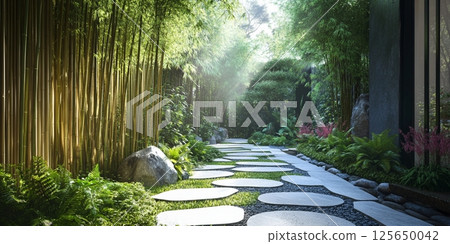 Serene Bamboo Garden Path: Tranquil Stone Stepping Stones Landscape zen spa lush green asian rocks 125650042
