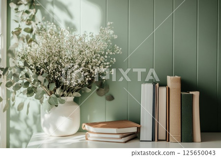 Serene Home Office Still Life: White Flowers, Books, Sage Green Wall calm cozy desk decor study 125650043