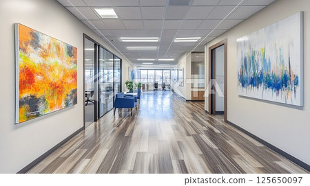 Modern Office Hallway Interior Design with Abstract Art Paintings artwork wall art workspace 125650097