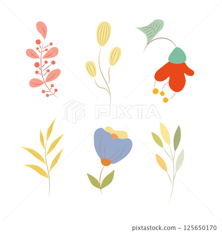 colorful set with cute spring flowers, and colorful twigs and leaves. colorful set with cute spring flowers, and colorful twigs and leaves. 125650170