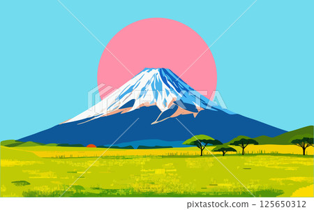 粉紅色的太陽和黃色的田野營造出充滿活力的富士山。現代日本風景 125650312