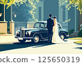時尚的都市場景中，優雅的復古婚禮情侶與經典車款。 125650319