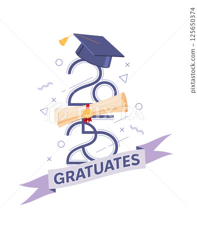 Class of 2025. Congratulations graduates design concept. Graduating cap and 2025 number against white background. Design elements of greeting card, invitation 125650374