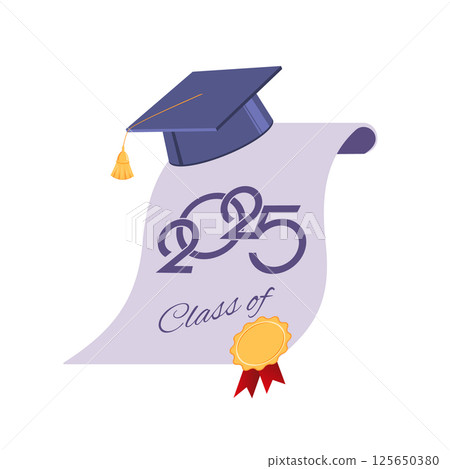 Class of 2025. Congratulations graduates design concept. Graduating cap and 2025 number against white background. Design elements of greeting card, invitation 125650380