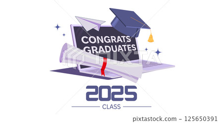 Class of 2025. Congratulations graduates design concept. Graduating cap and 2025 number against white background. Design elements of greeting card, invitation 125650391
