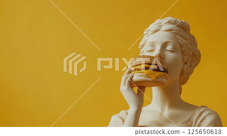 marble statue of a woman holds and appears to savor a modern cheeseburger against a bold yellow background 125650618
