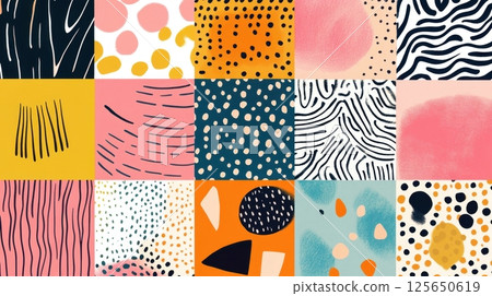 a colorful grid of 15 square abstract patterns featuring playful geometric shapes, dots, lines, and brush textures 125650619