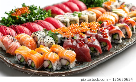 View of a meticulously arranged sushi platter on a sleek white ceramic plate, showcasing a vibrant assortment of nigiri, maki rolls, and sashimi, accented with pickled ginger, wasabi, and soy sauce View of a meticulously arranged sushi platter on a sleek white ceramic plate, showcasing a vibrant assortment of nigiri, maki rolls, and sashimi, accented with pickled ginger, wasabi, and soy sauce 125650634