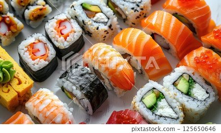 Overhead view of a vibrant sushi platter arranged, showcasing an array of colorful rolls and nigiri adorned with fresh fish, avocado, and colorful ingredients Overhead view of a vibrant sushi platter arranged, showcasing an array of colorful rolls and nigiri adorned with fresh fish, avocado, and colorful ingredients 125650646
