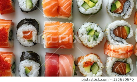 Overhead view of a vibrant sushi platter arranged, showcasing an array of colorful rolls and nigiri adorned with fresh fish, avocado, and colorful ingredients Overhead view of a vibrant sushi platter arranged, showcasing an array of colorful rolls and nigiri adorned with fresh fish, avocado, and colorful ingredients 125650670