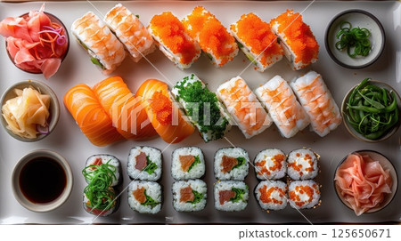 Overhead view of a vibrant sushi platter arranged, showcasing an array of colorful rolls and nigiri adorned with fresh fish, avocado, and colorful ingredients Overhead view of a vibrant sushi platter arranged, showcasing an array of colorful rolls and nigiri adorned with fresh fish, avocado, and colorful ingredients 125650671