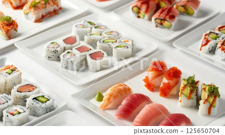 Overhead view of a vibrant sushi platter arranged, showcasing an array of colorful rolls and nigiri adorned with fresh fish, avocado, and colorful ingredients Overhead view of a vibrant sushi platter arranged, showcasing an array of colorful rolls and nigiri adorned with fresh fish, avocado, and colorful ingredients 125650704