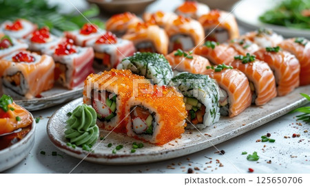 Side view of a vibrant sushi arranged in rows, showcasing an array of colorful rolls and nigiri adorned with fresh fish, avocado, and colorful ingredients Side view of a vibrant sushi arranged in rows, showcasing an array of colorful rolls and nigiri adorned with fresh fish, avocado, and colorful ingredients 125650706