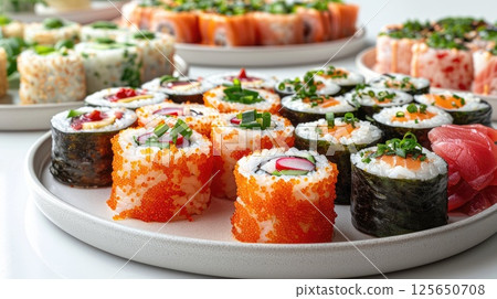 Side view of a vibrant sushi arranged in rows, showcasing an array of colorful rolls and nigiri adorned with fresh fish, avocado, and colorful ingredients 125650708