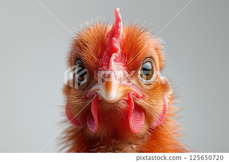 Ultra close up, macro photo of ginger chicken head, with detailed feathers, 125650720