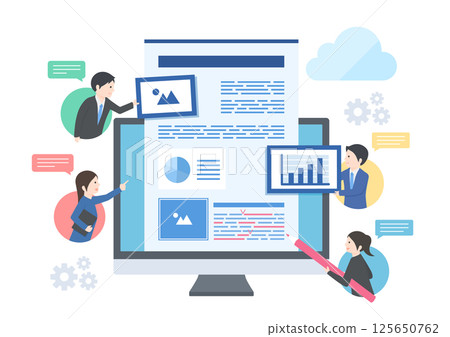 Illustration of a man and a woman collaborating on a document on the cloud Illustration of a man and a woman collaborating on a document on the cloud 125650762