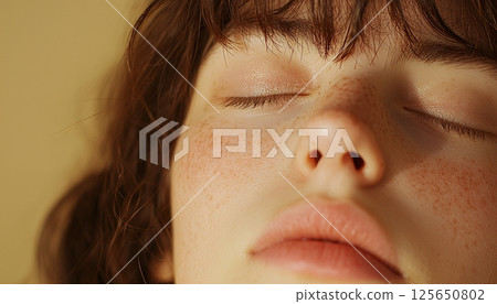 Close-Up Portrait of a Young Woman with Freckles and Natural Makeup on Soft Neutral Background 125650802