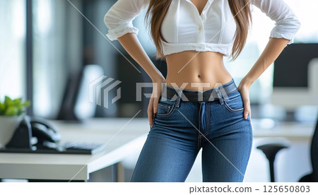 Confident Woman in Office Attire Posing with Hands on Hips in Modern Workspace 125650803