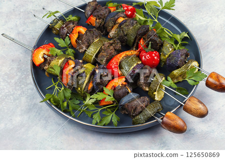 BBQ Deer Chops With Vegetable Skewers. 125650869