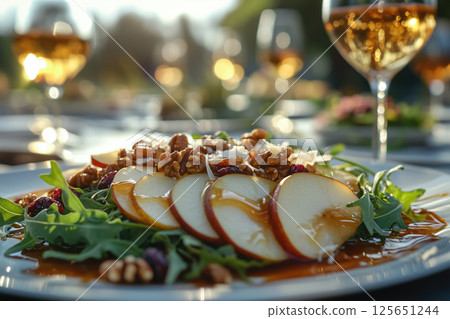 Fresh apple salad with walnuts and honey dressing 125651244