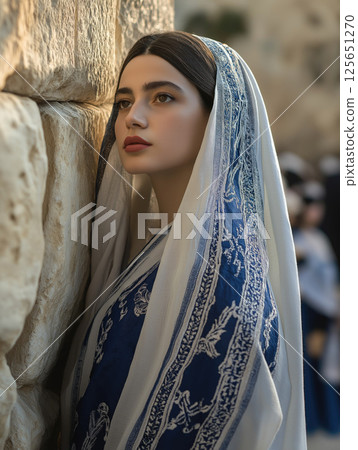 Woman in traditional attire near ancient stone wall Woman in traditional attire near ancient stone wall 125651270