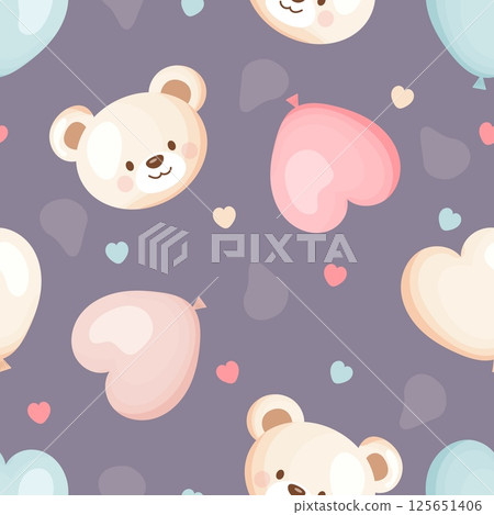 Seamless pattern with teddy bear faces and heart balloons on dusty lilac background Seamless pattern with teddy bear faces and heart balloons on dusty lilac background 125651406