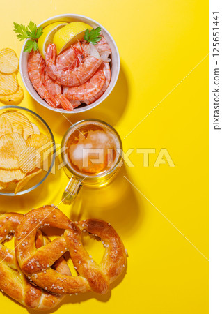 A vibrant photo showcasing a glass of beer surrounded by various snacks and fast food 125651441