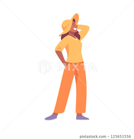 A Confident and Cheerful Young Woman Dressed in a Casual and Colorful Outfit Full of Energy A Confident and Cheerful Young Woman Dressed in a Casual and Colorful Outfit Full of Energy 125651556