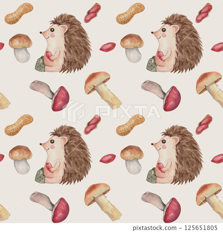 Watercolor cute seamless autumn pattern with cartoon hedgehog 125651805