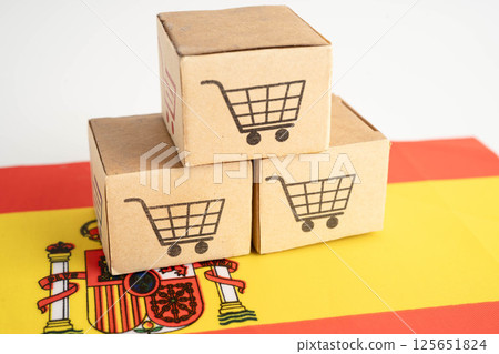 Online shopping, Shopping cart box on Spain flag, import export, finance commerce. 125651824