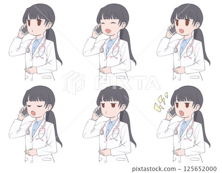 A black-haired female doctor making a phone call on her smartphone - set of 6 different facial expressions 125652000