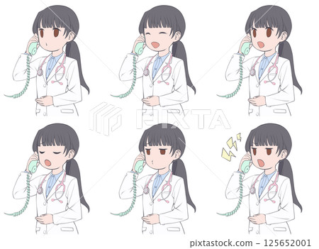 A set of 6 types of facial expressions of a black-haired female doctor talking on a phone 125652001