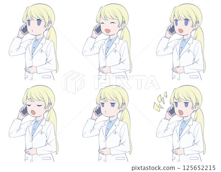 Blonde female pharmacist making a phone call on her smartphone - set of 6 different facial expressions Blonde female pharmacist making a phone call on her smartphone - set of 6 different facial expressions 125652215
