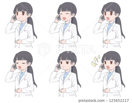 A black-haired female pharmacist making a phone call on her smartphone - set of 6 different facial expressions 125652217