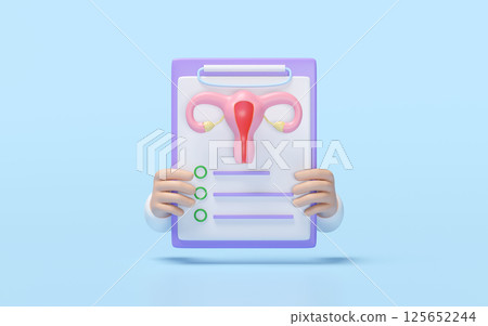 3d doctor hand holding check list for health with uterus isolated on blue background. health check report, medicare concept, 3d illustration render 125652244