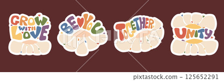 Retro Groovy LGBT Lettering in Rainbow colors Flag Set. Isolated Vector stickers Calligraphy quote with Daisy Flower Power. LGBTQ community. Gender equality and diversity relationships. Pride month Retro Groovy LGBT Lettering in Rainbow colors Flag Set. Isolated Vector stickers Calligraphy quote with Daisy Flower Power. LGBTQ community. Gender equality and diversity relationships. Pride month 125652291