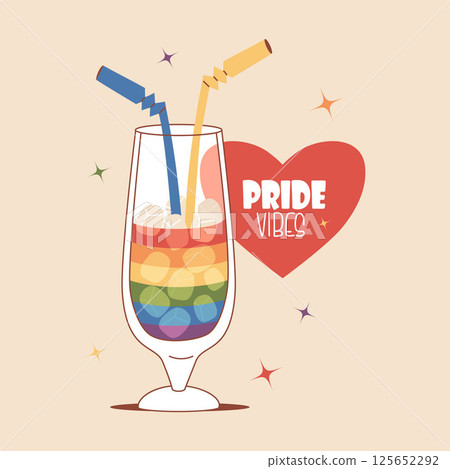 Rainbow Pride Cocktail with Straws and Heart. Colorful LGBTQ Celebration Drink with ice cubes. LGBT community. Pride Month. Holiday Card. Vector illustration 125652292