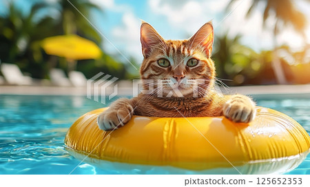 Tabby Cat Relaxing on Yellow Float in Sparkling Pool with Palm Trees and Sunshine 125652353