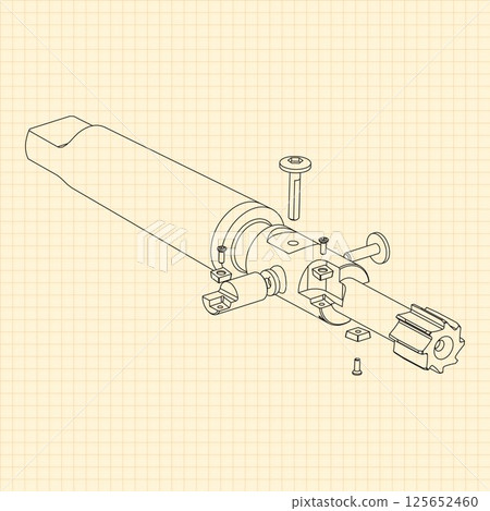 Mechanical engineering drawings. Tap tools, borer. Technical Design. Cover. Blueprint. Step Cutting Tool with Countersinking Function. Technical 3D Vector Illustration 125652460