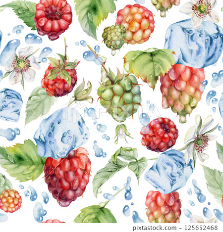 Raspberry leaves, dew drops, ice cubes, water splash. Ripe summer garden forest berry loganberry hand drawn in watercolor. Isolated seamless pattern tile. Home preserves, stationery, menu, recipe book Raspberry leaves, dew drops, ice cubes, water splash. Ripe summer garden forest berry loganberry hand drawn in watercolor. Isolated seamless pattern tile. Home preserves, stationery, menu, recipe book 125652468
