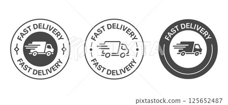 Fast Delivery Badge Icons with Speed Truck Symbols for Express Shipping Services, Vector Illustration Fast Delivery Badge Icons with Speed Truck Symbols for Express Shipping Services, Vector Illustration 125652487