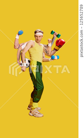 Retro styled man with tattoos and sweatbands holding dumbbells, boxing gloves and football with multiple hands, training on bright yellow background Retro styled man with tattoos and sweatbands holding dumbbells, boxing gloves and football with multiple hands, training on bright yellow background 125652789